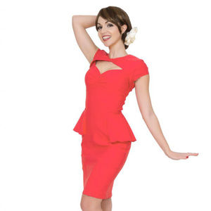 Emma Peplum Pencil Dress Coral Pin Up Rockabilly